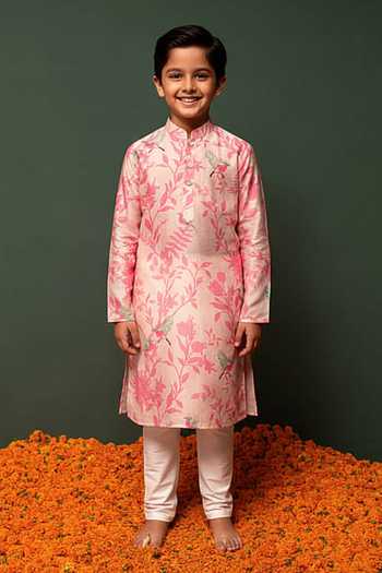 Chrkha Floral Print Chanderi Silk Kurta Set For Kids