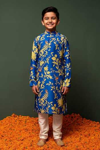 Chrkha Floral Print Chanderi Silk Kurta Set For Kids