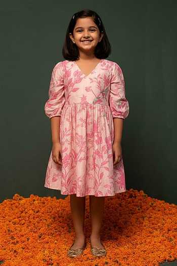 Chrkha Floral Print Chanderi Silk Dress For Kids