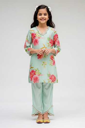 Buy Chrkha Green Chanderi Silk, Cotton, Linen Pearls Floral Printed Tunic And Pant Set For Kids at Aza Fashions Buy_Chrkha_Green Chanderi Silk, Cotton, Linen Pearls Floral Printed Tunic And Pant Set For Kids_at_Aza_Fashions