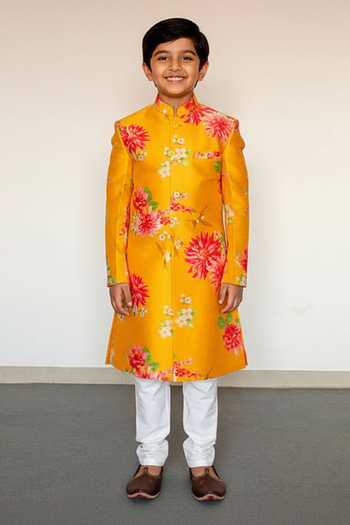 Chrkha Floral Printed Achkan & Kurta Set For Kids