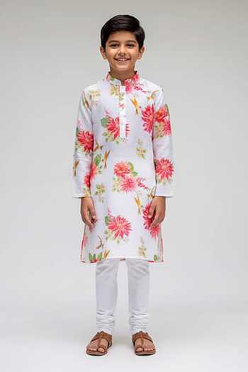 Buy Chrkha White Chanderi Silk, Cotton Satin Embroidery Floral Motif Kurta Set For Kids at Aza Fashions Buy_Chrkha_White Chanderi Silk, Cotton Satin Embroidery Floral Motif Kurta Set For Kids_at_Aza_Fashions