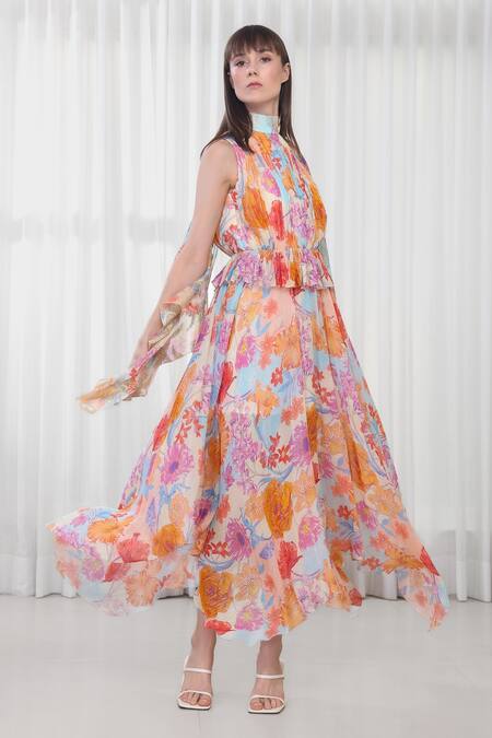 Buy Mandira Wirk Resort Multi Color Georgette, Lurex, Brocade High Layered Hibiscus Print Maxi Dress Online at Aza Fashions Buy_Mandira Wirk Resort_Multi Color Georgette, Lurex, Brocade High Layered Hibiscus Print Maxi Dress _Online_at_Aza_Fashions