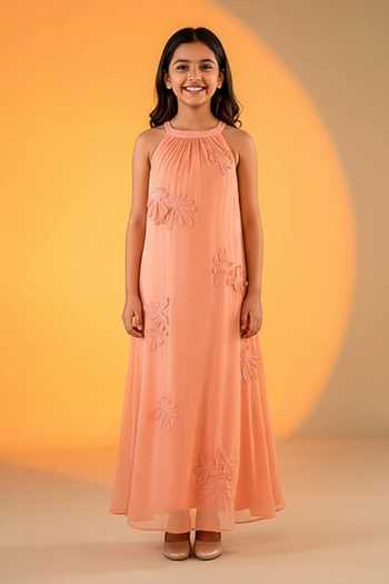 Amrood Peach Carnation Bloom Applique Dress For Kids
