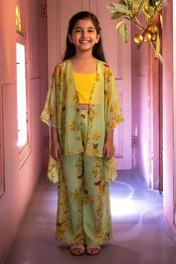 Amrood Green Floral Bird Sheer Tunic For Kids