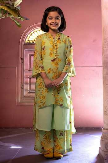 Amrood Floral Bird Pattern Green Kurta For Kids