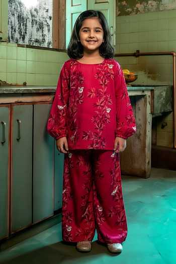 Amrood Ruby Pink Floral & Bird Print Shirt For Kids