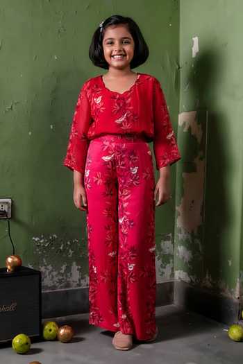Amrood Floral Bird Printed Sheer Shirt Tunic For Kids