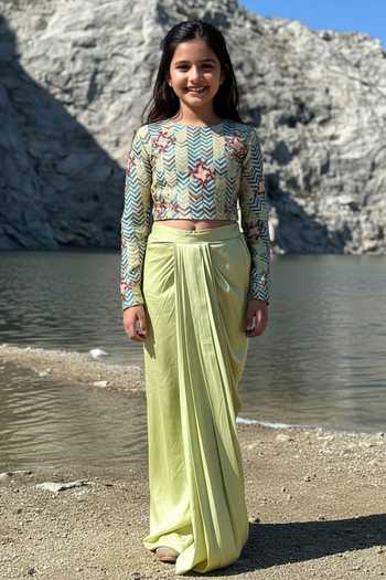 Amrood Green Printed & Embroidered Top & Skirt Set For Kids
