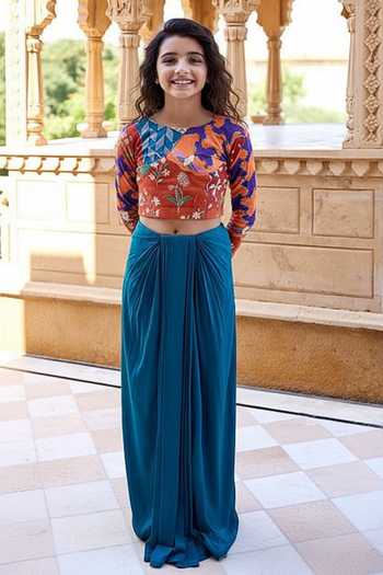 Amrood Printed Crop Top & Draped Skirt Set For Kids