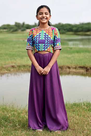 Amrood Purple Geometric Print Jumpsuit For Kids