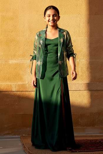 Amrood Green Cowl Neck Dress With Chevron Jacket For Kids