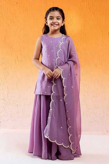 Redpine Designs Hand Embroidered Lavender Kurta Sharara Set For Kids