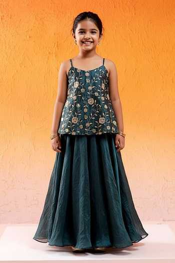 Redpine Designs Hand Embroidered Flared Top & Sharara Set For Kids