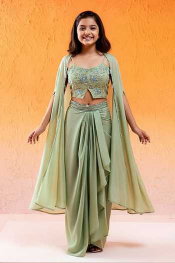 Redpine Designs Pista Green Embroidered Draped Skirt & Cape Set For Kids