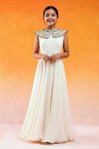 Redpine Designs Ivory Hand Embroidered Gown For Kids