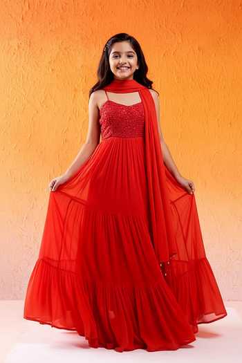Redpine Designs Red Embroidered Anarkali Set For Kids