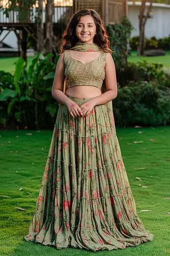 Redpine Designs Vintage Floral Print Tiered Lehenga Set For Kids