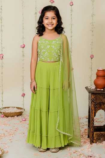 Redpine Designs Green Hand Embroidered Sharara Set For Kids