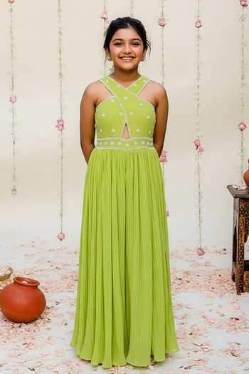 Redpine Designs Green Halter Neck Hand Embroidered Jumpsuit For Kids
