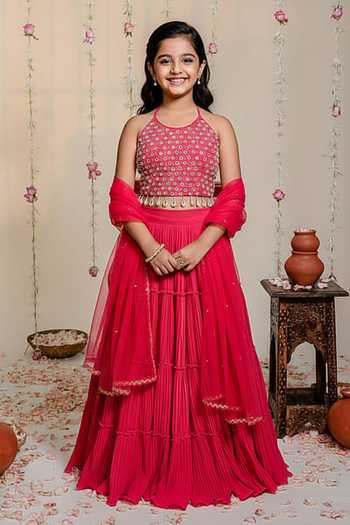 Redpine Designs Fuchsia Hand Embroidered Lehenga Set For Kids