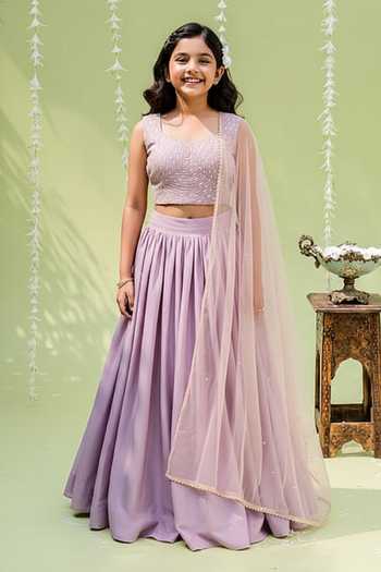 Redpine Designs Purple Hand Embroidered Lehenga Set For Kids