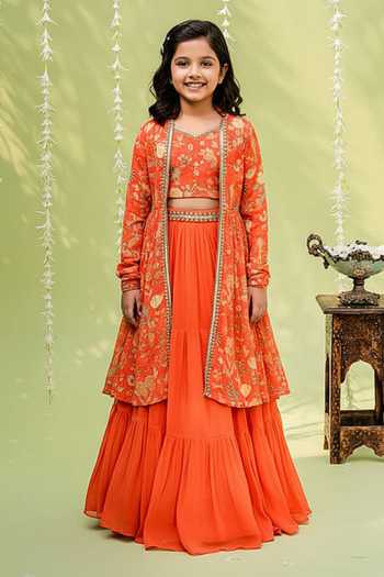 Redpine Designs Floral Print Jacket Lehenga Set For Kids