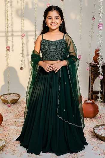 Redpine Designs Bottle Green Layered Lehenga Set For Kids
