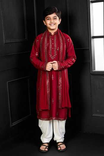 Chatenya Mittal Mirror Embroidered Red Kurta Salwar Set For Kids