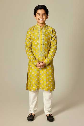 Chatenya Mittal Yellow Padma Mirror Embroidered Kurta For Kids