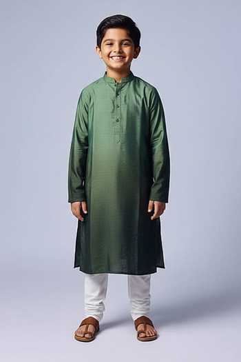 Chatenya Mittal Green Ombre Cotton Silk Kurta Set For Kids