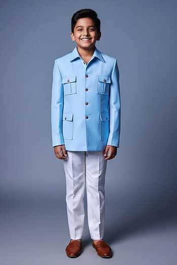 Chatenya Mittal Light Blue Bandhgala Jacket For Kids