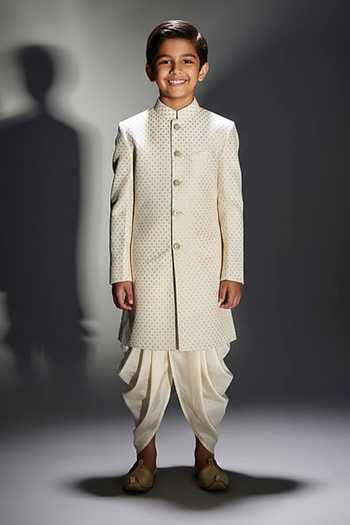 Chatenya Mittal Barfi Pattern Cream Achkan Set For Kids