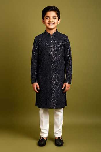 Chatenya Mittal Blue Thread & Sequin Embroidered Kurta Set For Kids