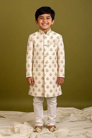 Chatenya Mittal Floral Embroidered Beige Sherwani Set For Kids