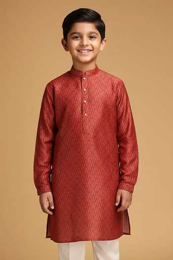 Chatenya Mittal Red Leaf Printed Mandarin Kurta For Kids
