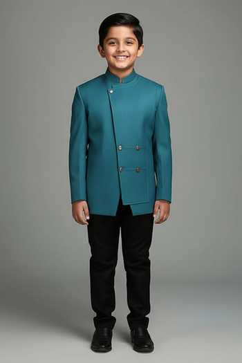 Chatenya Mittal Blue Angrakha Style Bandhgala For Kids