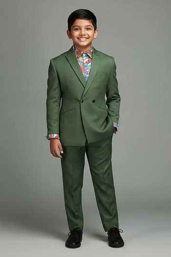Chatenya Mittal Green Wool Blend Blazer & Pant Set For Kids