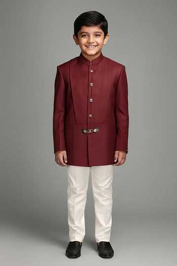 Chatenya Mittal Maroon Wool Blend Bandhgala Jacket For Kids