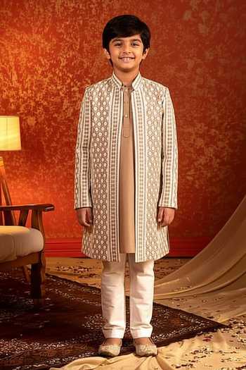 Kaaj Button Geometric Embroidered Sherwani Set For Kids