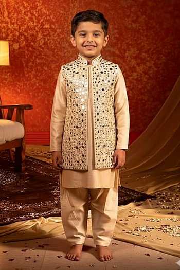 Kaaj Button Beige Mirror Work Bandhgala Set For Kids