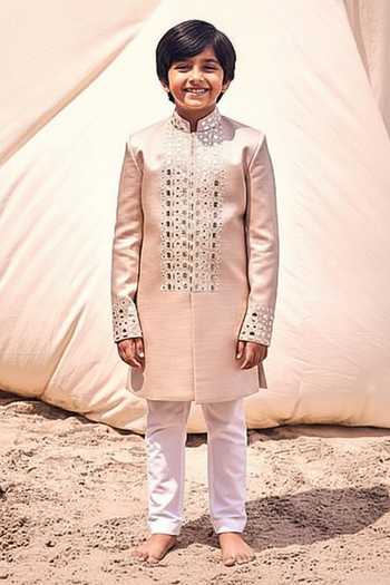 Kaaj Button X AZA Gold Leather Applique Achkan Set For Kids