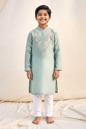 Kaaj Button X AZA Geometric Yoke Embroidered Kurta Set For Kids