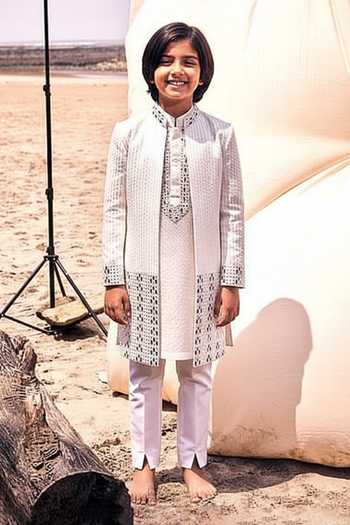 Kaaj Button X AZA Mirror Embroidered White Sherwani Set For Kids
