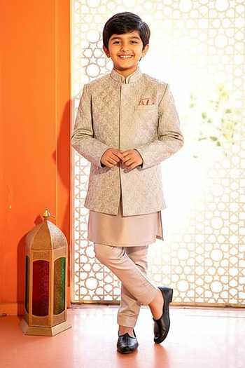 Kaaj Button X AZA Champagne Mughal Embroidered Jodhpuri Set For Kids