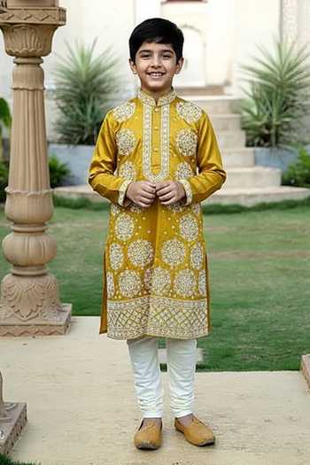 Kaaj Button X AZA Geometric Embroidered Mustard Kurta Set For Kids