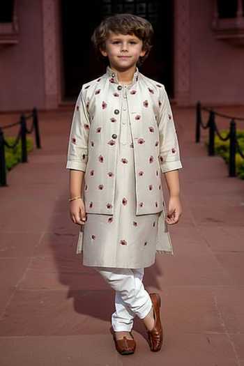 Kaaj Button X AZA Floral Embroidered Bundi & Kurta Set For Kids