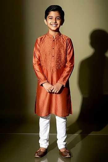 Kaaj Button X AZA Rust Thread Embroidered Kurta & Pant Set For Kids
