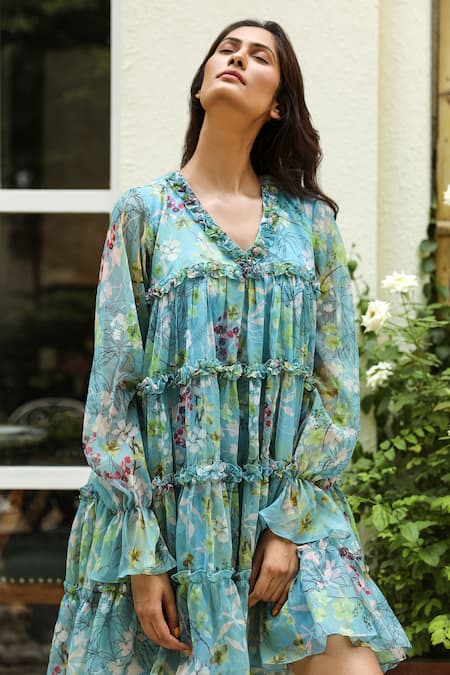 Buy_Aroop Shop India_Blue Chiffon V-neck Kacy Harbour Floral Print Dress _Online_at_Aza_Fashions