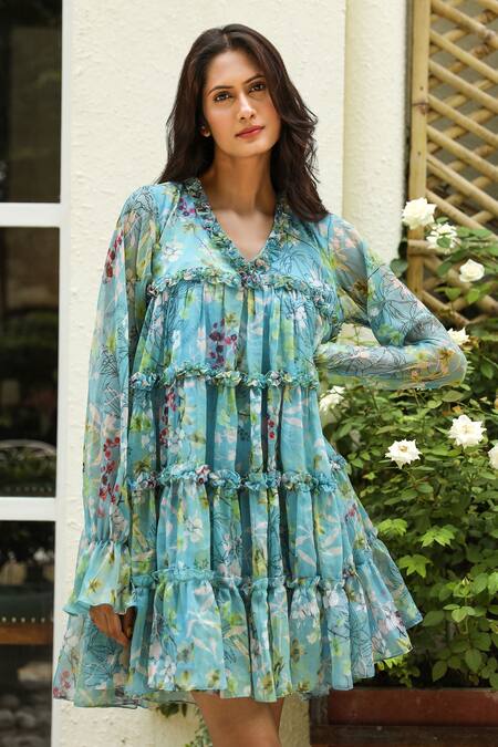 Shop_Aroop Shop India_Blue Chiffon V-neck Kacy Harbour Floral Print Dress _Online_at_Aza_Fashions